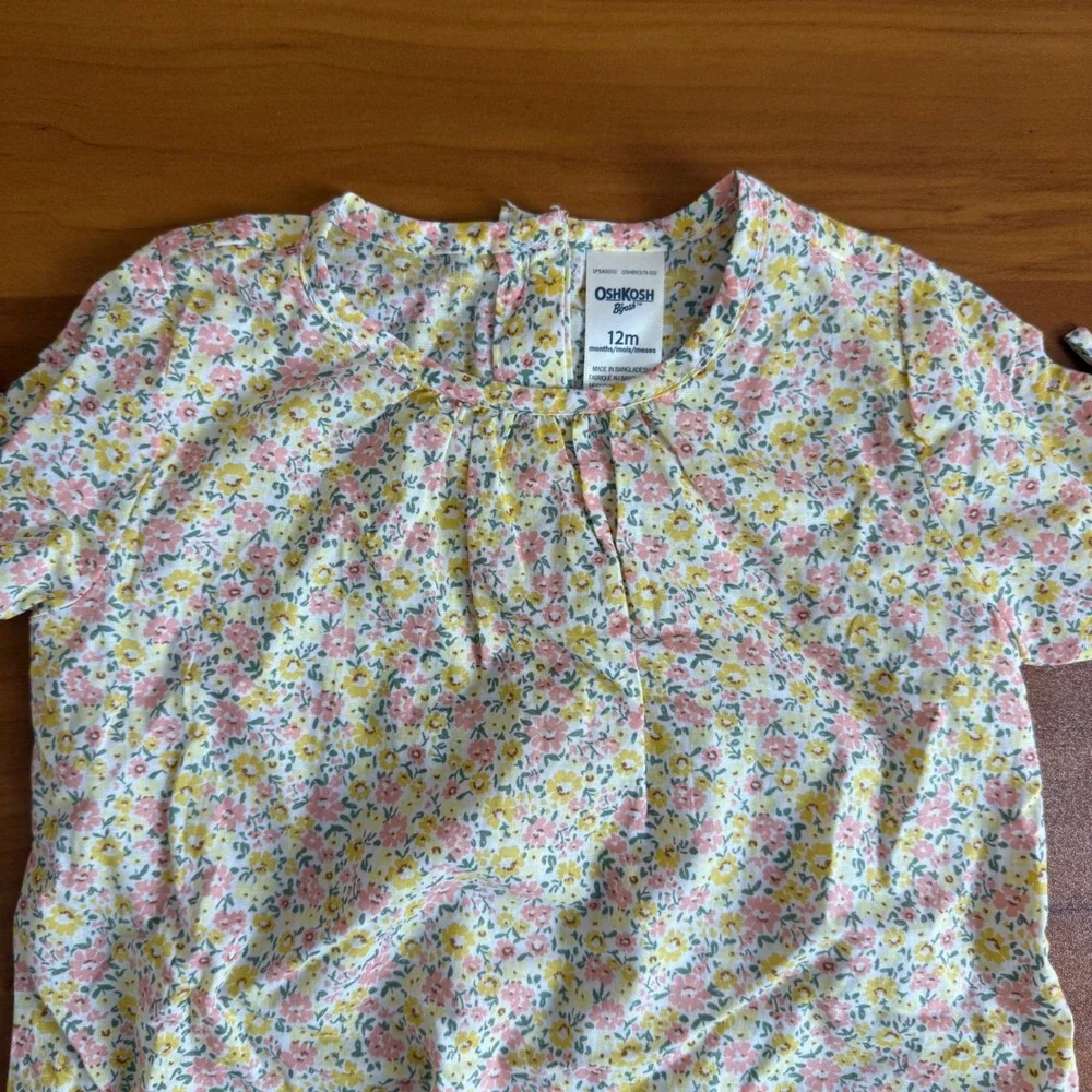 SALE‎ OshKosh B'gosh Baby Girl 12m Floral Bubble Romper Short Sleeve Tie Sleeve